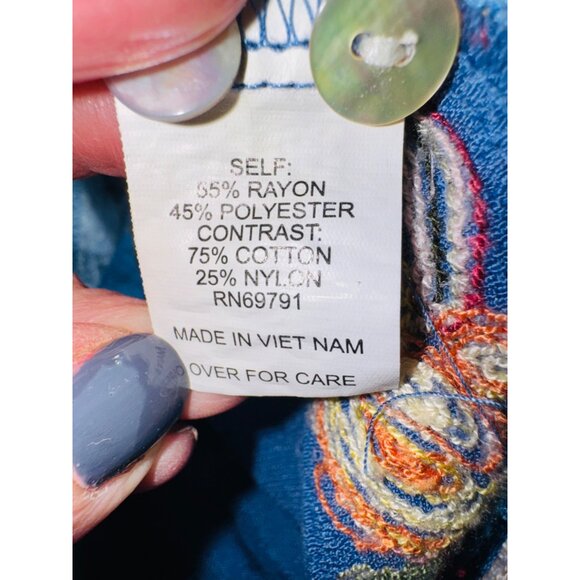 Anthropologie Fig & Flower Blue Embroidered Button Blouse M Crochet Lace Cottage - Picture 6 of 8